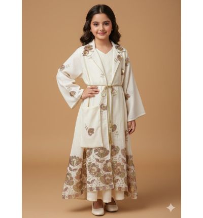 جلابية أطفال تراثية فاخرة بتطريز ذهبي – لون عاجي