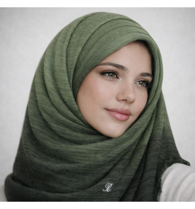 حجاب أومبريه زيتي غامق – ستايل خليجي أنيق