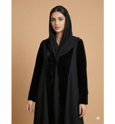 عباية سوداء مخمل بتفاصيل ساتان أنيقة