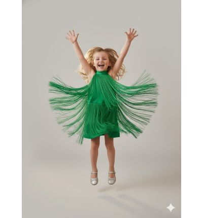 فستان بناتي أخضر شراشيب متحركه - Fringe Green Dress