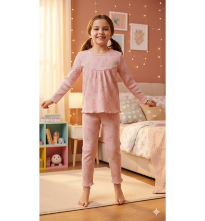 بيجاما أطفال وردية فاتحة بنقشة أوراق Kids Light Pink Leaf Pajama