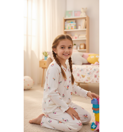 بيجاما أطفال بيضاء بنقشة ورود ملونة 