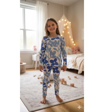 بيجاما أطفال قطن بطبعة زهور زرقاء Blue Floral Kids Pajama Set
