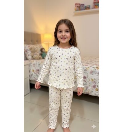 بيجاما أطفال بيضاء بنقشة ورود بنفسجية Kids White Purple Floral Pajama