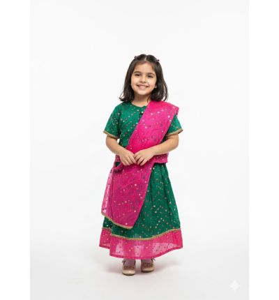 طقم الفتيات الاحتفالي الهندي - الزي المزين باللون الأخضر والوردي-وردي-٢-٣ سنة-بوليستر