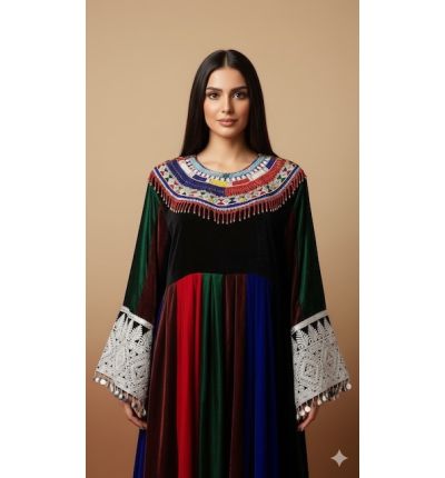فستان تراثي مطرز متعدد الألوان بحواف كروشيه