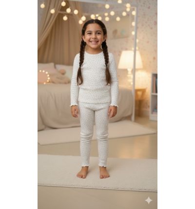 بيجاما أطفال بنقشة ورود صغيرة ناعمة – أبيض Kids Pajama Set with Tiny Floral Print – White