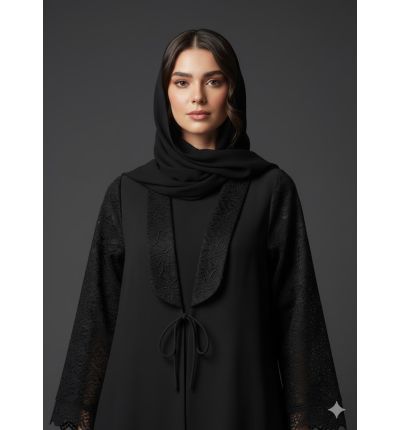عباية سوداء بدانتيل أنيق ورباط أمامي