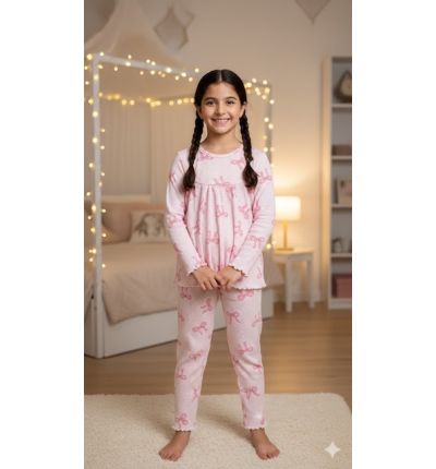 بجاما بناتي قطنية مريحة – أبيض ووردي|Girls Comfortable Cotton Pajama Set – White & Pink