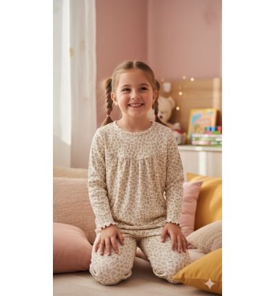 بجاما بناتي قطنية مريحة – لون بيج|Girls Comfortable Cotton Pajama Set – Beige