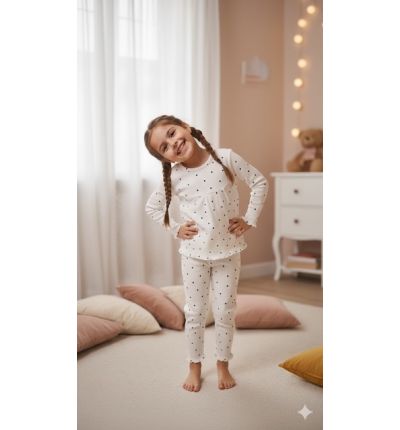 بيجاما بولكا دوت بناتي قطنية مريحة – أبيض  Girls Comfortable Cotton Pajama Set polka dots – White