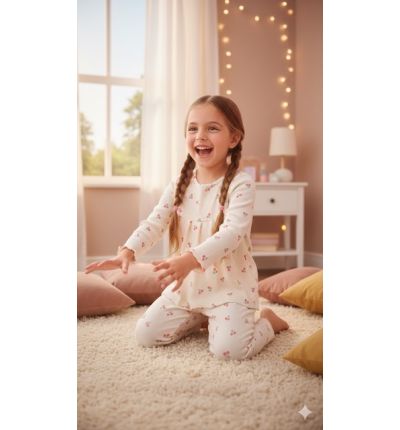  بجاما بناتي قطنية مريحة – أوف وايت كرز | Girls Comfortable Cotton Pajama Set – Off White Cherry