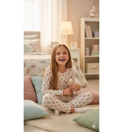 بجاما بناتي قطنية مريحة – أوف وايت ملون| Girls Comfortable Cotton Pajama Set – Off White Pattern
