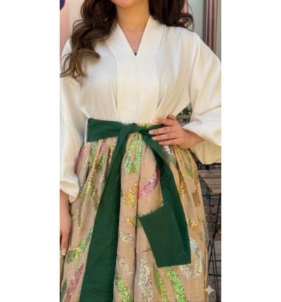 فستان قماش هندي مطرز مع سادة وحزام قماشي أنيق|Embroidered Indian Fabric Dress with Plain Top and Fabric Belt