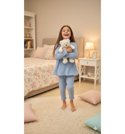  بجاما بناتي قطنية مريحة – أزرق فاتح قلوب Girls Comfortable Cotton Pajama Set – Light Blue Hearts