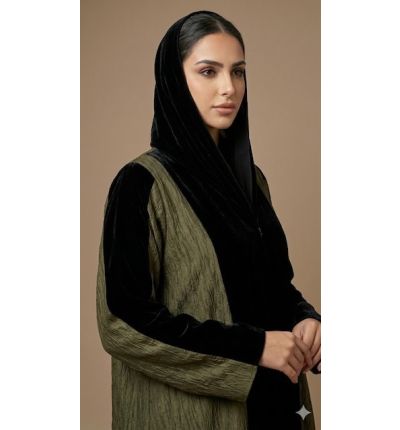 عباية أنيقة بتصميم مخمل أسود وتفاصيل عصرية|Elegant Abaya with Black Velvet Design and Modern Details