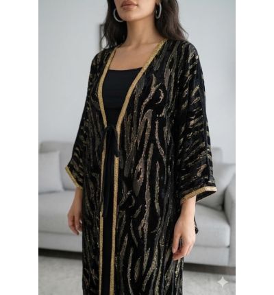 كيمونو أسود فخم بتفاصيل ذهبية|Luxury Black Kimono with Gold Details