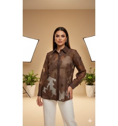 قميص شبك مطرّز بورود بارزة|Floral Embroidered Mesh Shirt