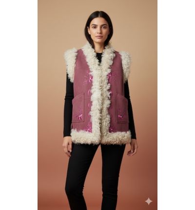 فيست صوفي مطرز بحواف فرو ناعمة – لون وردي غباري