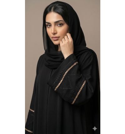 عباية سوداء بتطريز هندسي على الأكمام|Black Abaya with Geometric Embroidery on Sleeves