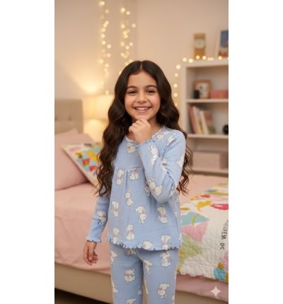 بيجاما أطفال بنقشة أرنب – أزرق فاتح Kids Pajama Set with Bunny Print – Light Blue