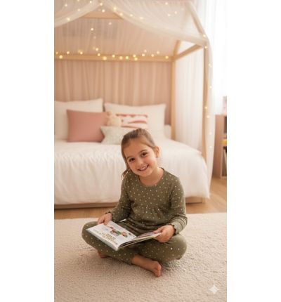 بيجاما أطفال بنقشة قلوب صغيرة – أخضر زيتي Kids Pajama Set with Small Heart Print – Olive Green