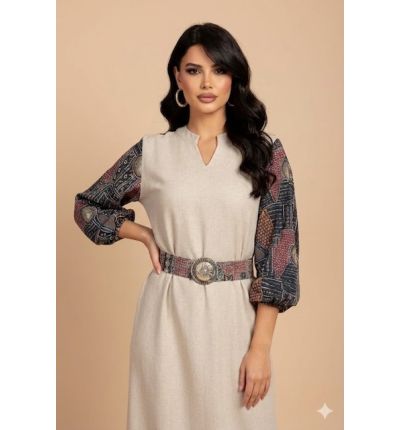 فستان لينن بأكمام هندية مطرزة مع حزام|Linen Dress with Embroidered Indian Sleeves and Belt