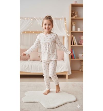 بيجاما أطفال بنقشة ورود صغيرة ملونة – أبيض Kids Pajama Set with Small Colorful Floral Print – White