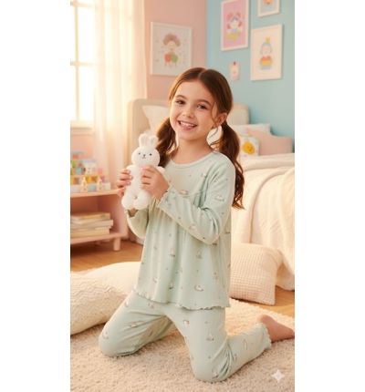 بيجاما أطفال بنقشة دبدوب صغير – أخضر فاتح Kids Pajama Set with Teddy Print – Light Green