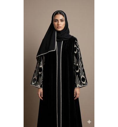 عباية سوداء مخمل بتطريز أبيض كلاسيكي