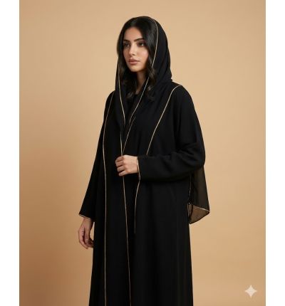 عباية سوداء بخطوط بيج بتصميم أنيق