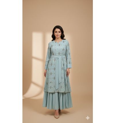 فستان مطرز بحزام خصر وتصميم أنيق | Embroidered Dress with Waist Belt – Elegant Design