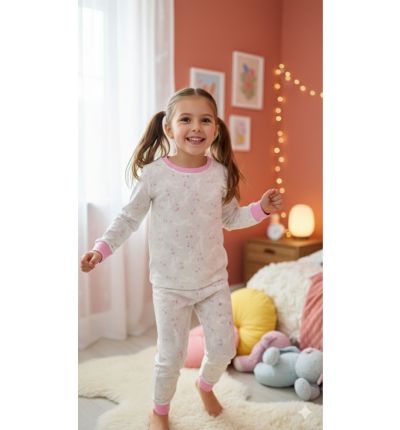 بيجاما أطفال قطنية بيضاء بنقشة وردية ناعمة  Kids Cotton Pajama Set – Soft Pink Print