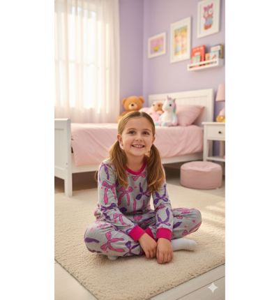  بيجاما أطفال قطنية بنقشة فيونكات وردية  Kids Cotton Pajama Set – Pink Bow Print