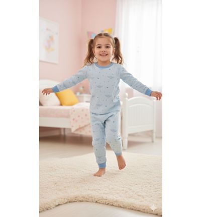بيجاما أطفال قطنية لون أزرق فاتح بنقشة قلوب  Kids Cotton Pajama Set – Light Blue Heart Print