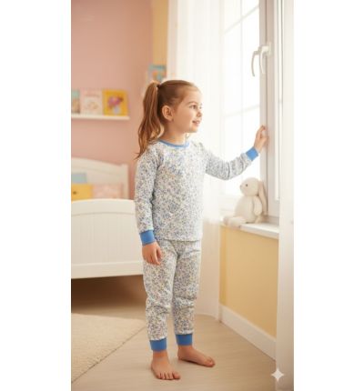بيجاما أطفال قطنية بنقشة زهور زرقاء  Kids Cotton Pajama Set – Blue Floral Print
