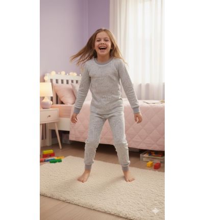 بيجاما أطفال قطنية رمادية فاتحة بنقشة ناعمة Kids Cotton Pajama Set – Light Grey Pattern