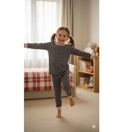 بيجاما أطفال قطنية رمادية داكنة بنقشة نقاط Kids Cotton Pajama Set – Dark Grey Dot Print