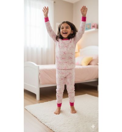بيجاما أطفال قطنية بيضاء بنقشة فيونكات وردية  Kids Cotton Pajama Set – Pink Bow Print