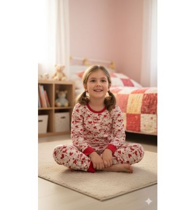 بيجاما أطفال قطنية بيضاء بنقشة قلوب حمراء Kids Cotton Pajama Set – Red Heart Print