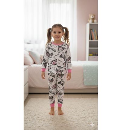 بيجاما أطفال قطنية بيضاء بنقشة شخصيات كرتونية مع تفاصيل وردية  Kids Cotton Pajama Set – Cartoon Print with Pink Trim