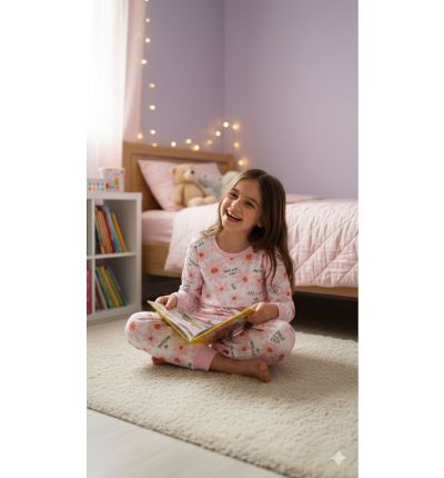 بيجاما أطفال قطنية وردية بنقشة زهور  Kids Cotton Pajama Set – Pink Floral Print