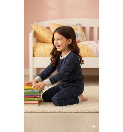  بيجاما أطفال قطنية كحلية بنقشة نقاط  Kids Cotton Pajama Set – Navy Dot Print