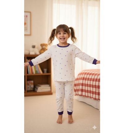 بيجاما أطفال قطنية بنقشة قلوب بنفسجية Kids Cotton Pajama Set – Purple Heart Print