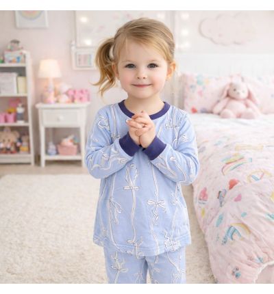  بيجاما أطفال قطنية بنقشة فيونكات – أزرق  Kids Cotton Pajama Set – Bow Print (Blue)