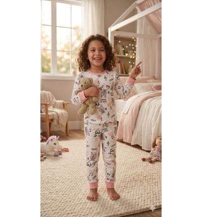 بيجاما أطفال قطنية بنقشة قلوب وموسيقى – وردي  Kids Cotton Pajama Set – Heart & Music Print (Pink)