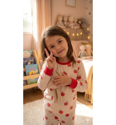 بيجاما أطفال قطنية بنقشة تفاح – بيج وأحمر English: Kids Cotton Pajama Set – Apple Print (Beige & Red)