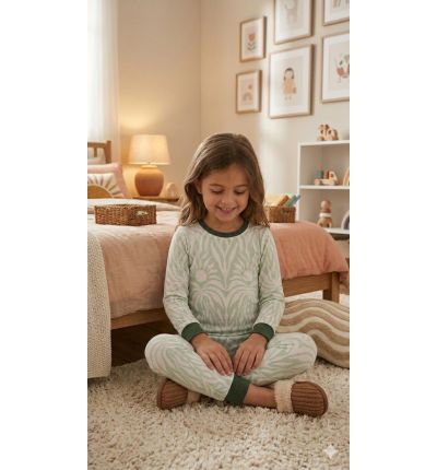  بيجاما أطفال قطنية بنقشة طبيعية – أخضر  Kids Cotton Pajama Set – Nature Print (Green)