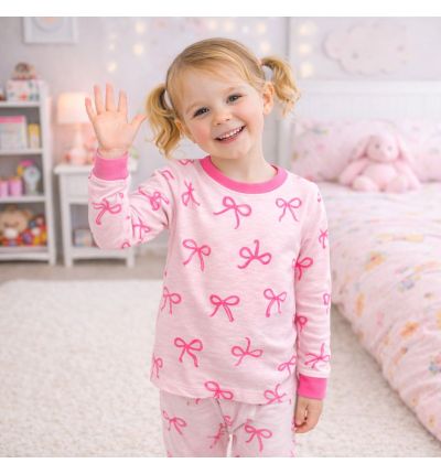 بيجاما أطفال قطنية بنقشة فيونكات – وردي Kids Cotton Pajama Set – Pink Bow Print