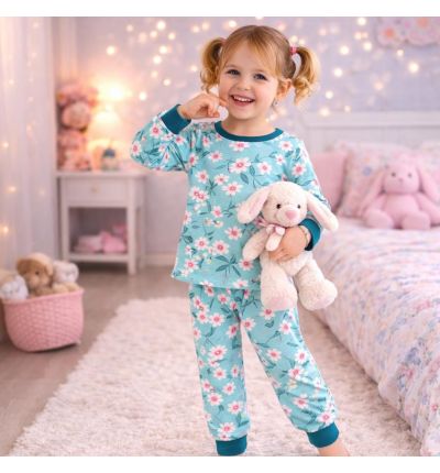 بيجاما أطفال بنقشة ورود – تركواز  Kids Pajama Set – Floral Print (Turquoise)